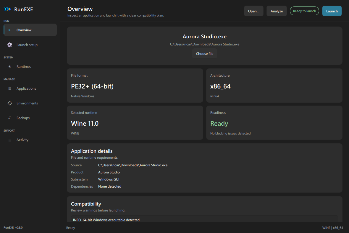 RunEXE desktop interface showing application readiness and runtime controls